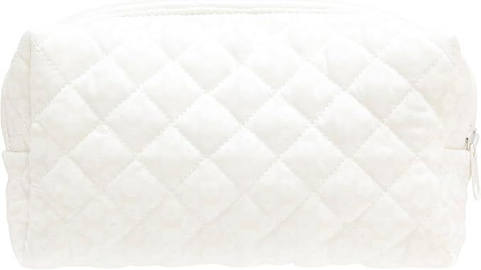PAZIMIIK Vintage Quilted Makeup Bag Cosmetic Pouch for Brushes Pencils and Travel Make Up Accessories for Women and Girls White
