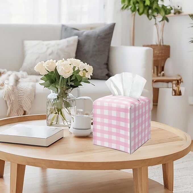 Pink and White Checkered Tissue Box Cover Square, Leather Tissue Holder with Bottom Belt, for Nightstands Desks Office Bathroom Car Vanity Home Decor Supplies -003