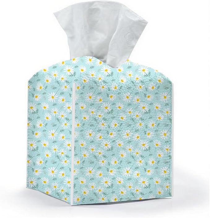 Tissue Box Cover, Tissue Box Holder, Square with Belt Bottom, PU Leather Decorative Organizer for Desk, Tabletop, Countertop Bathroom, Toilet Car, Office, Dresser Bedside, Aesthetic Wildflowers Decor