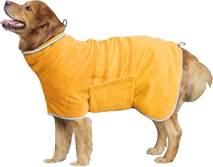 HhiMyOct Dog Robe - Fast Drying Towel - Microfiber Super Absorbent Pet Bathrobe, Adjustable Collar & Belly Strap (Yellow, XXX-Large)