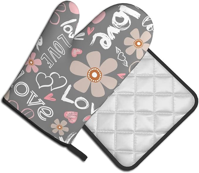 Pink Floral Blooming Oven Mitts and Pot Holders Set of 2, Heat Resistant Non Slip Love Heart Grey Kitchen Gloves Hot Pads, for Chef Cooking Grilling and Baking
