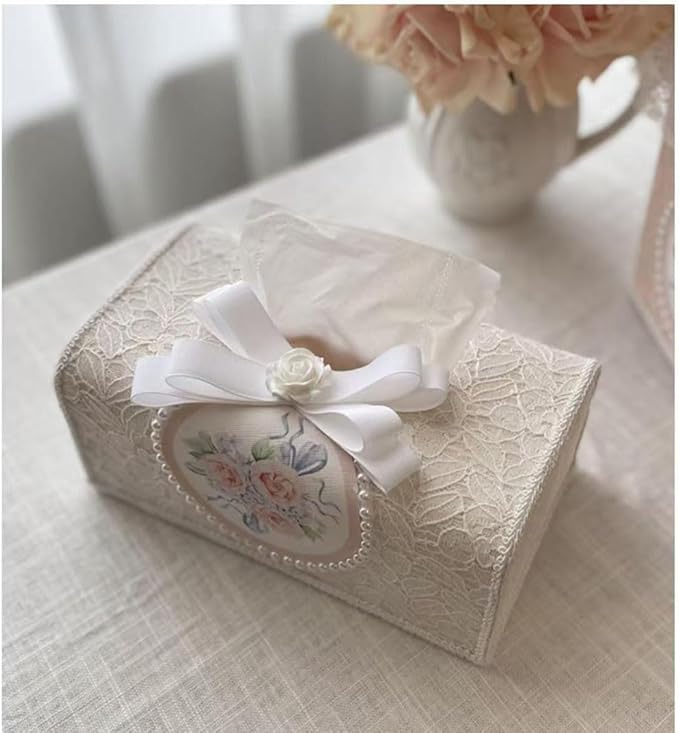 Tissue Cover Holder Fabric Art Cute Tissue Box Cover Dispenser Napkin Organizer for Bathroom Bedroom Office and Car (A-Beige)