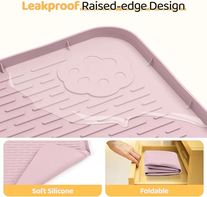 Bartuke Dog Food Mat, Extra Large 34" x 22" Silicone Pet Feeding Mat with Raised Edge Pet Placemat for Small, Medium, and Large Pets Non-Slip, Easy to Clean (Pink)