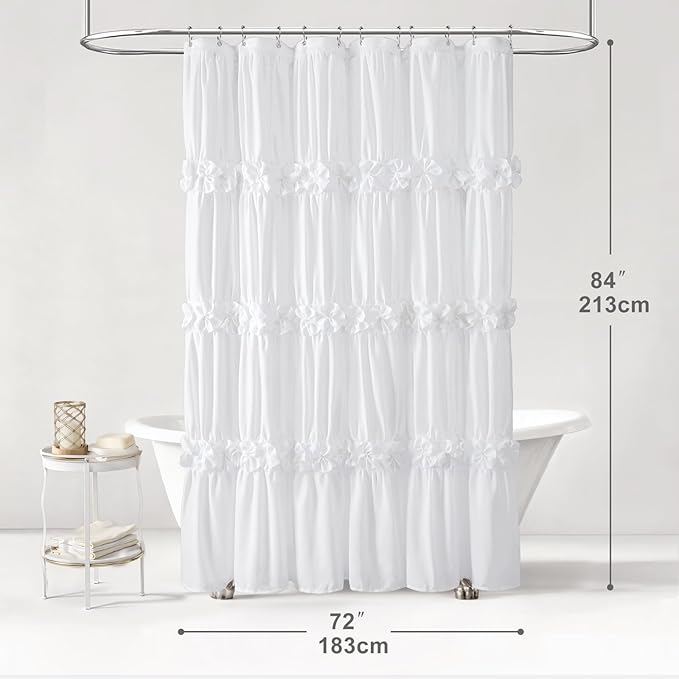 XOGUIBO Ruffle Shower Curtain with Handmade Bow Tie, White Linen Vintage Farmhouse Shower Curtain for Bathroom, 72" W x 84" H