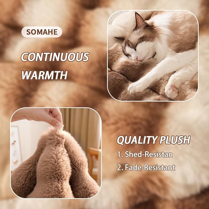 SOMAHE Cat Bed Ultra Soft Plush Machine Washable Pet Mat with Non-Slip Rubber Bottom for Indoor Cats & Dogs Faux Fur Cushion Pad for Floor Couch Carrier for Kittens & Puppies 23 x 15 Inch Medium Brown