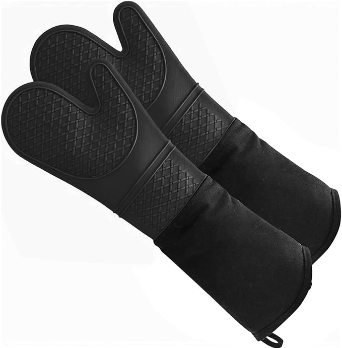 Extra Long Silicone Oven Mitts Heavy Duty Commercial Grade Oven Mitts Heat Resistant BBQ Gloves with Quilted Cotton Lining 2 Pack (Black)
