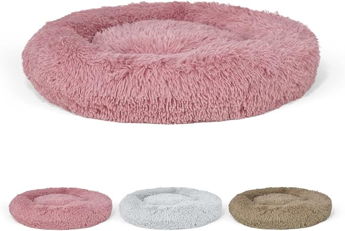 BOWHAUS 24/30 Inch Calming Donut Pet Bed for Small/Medium Cats and Dogs, Anti-Slip Bottom, Washable, Anti-Anxiety Fluffy Round Cat Bed, Indoor Shaggy Cuddler Cotton Candy Brown, Light Gray, Pink Bed