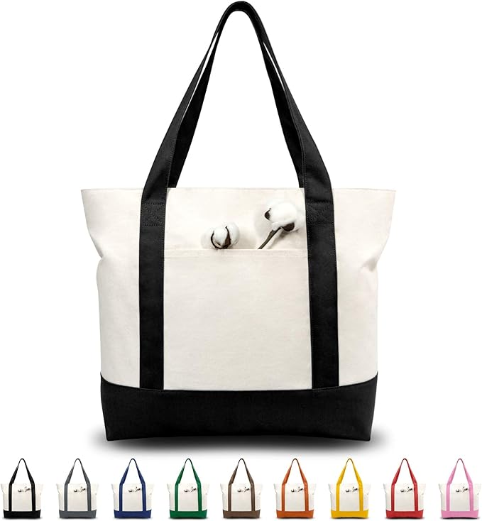 TOPDesign 1 | 3 | 6 | 30 Pack Canvas Tote Bag with an External Pocket, Reusable Grocery Shopping Bag, Top Zipper Closure, Daily Essentials (Black/Natural Pack of 1)