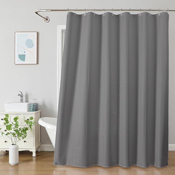 THAIGEE 2-in-1 Waterproof Fabric Shower Curtain - No Separate Liner Needed, Hotel-Style Waffle Weave, Effortless Cleaning & Washable Bathroom Shower Curtain Set,72Wx84H,Grey