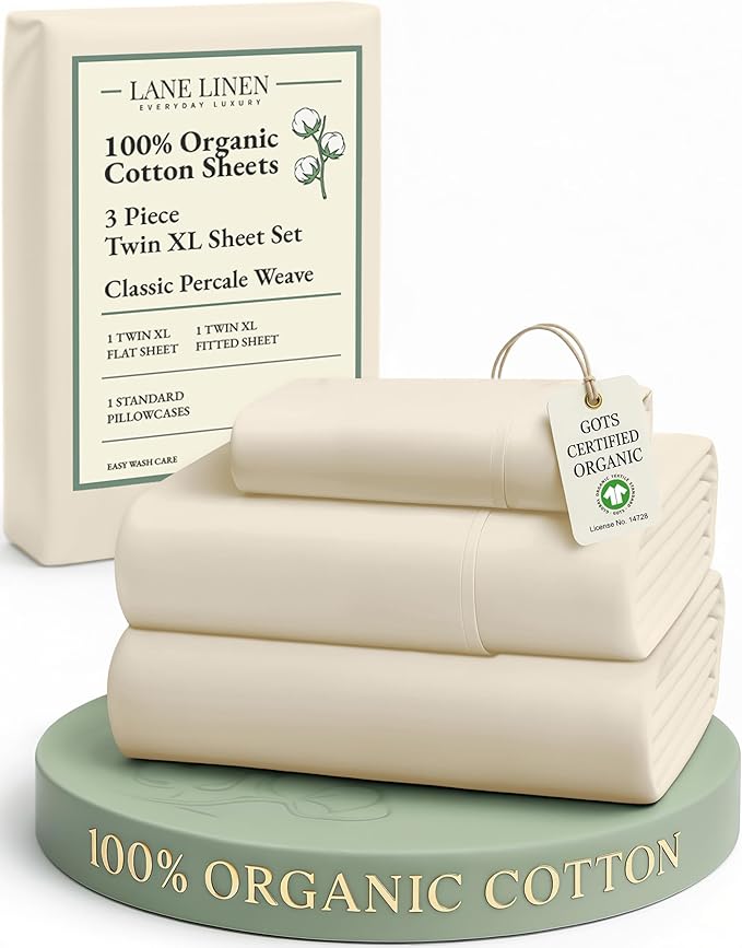 LANE LINEN 100% Organic Cotton Twin XL Sheets Set, 3-Piece Pure Organic Cotton Percale Sheets, Cotton Bedsheets, Ultra Soft Bedding Sheets, Breathable, Fits Mattress Upto 15" Deep - Natural