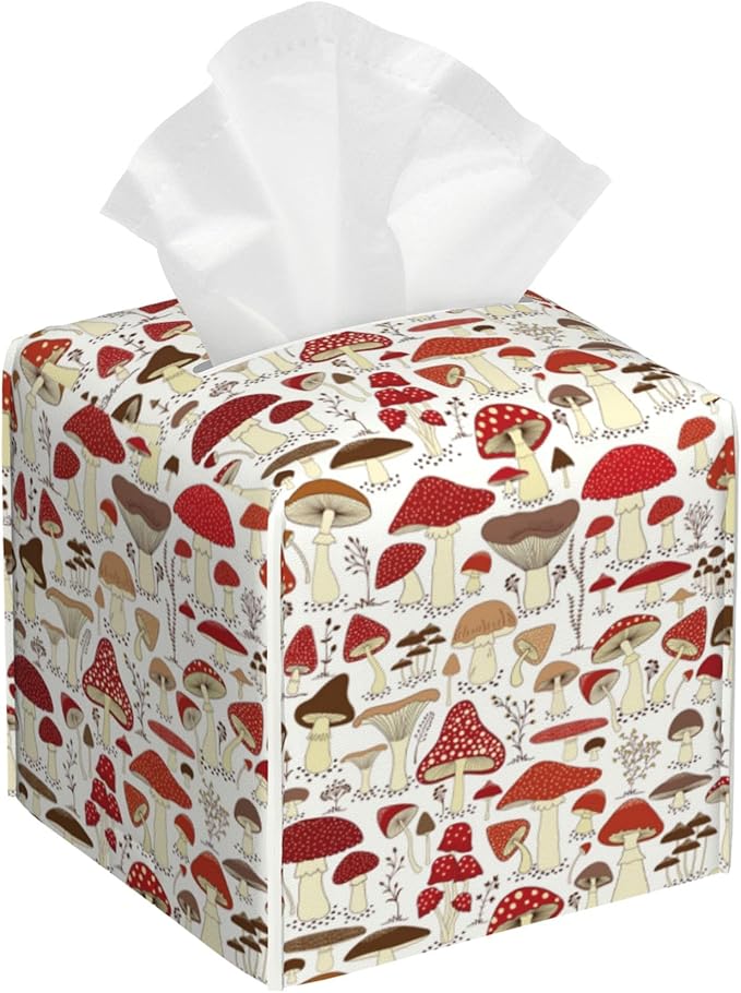 OHEGBXE Tissue Box Holder Cartoon Mushrooms and Field Plants Square Leather Tissue Box Cover Modern Cube Facial Paper Cover Case for Bathroom Vanity Countertop Night Stands Tabletop