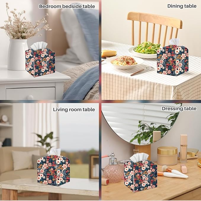 Tissue Box Cover, Tissue Box Holder, Square with Belt Bottom, PU Leather Decorative Organizer for Desk, Table, Countertop Bathroom, Toilet Car, Office, Dresser Bedside, Aesthetic Floral Decor