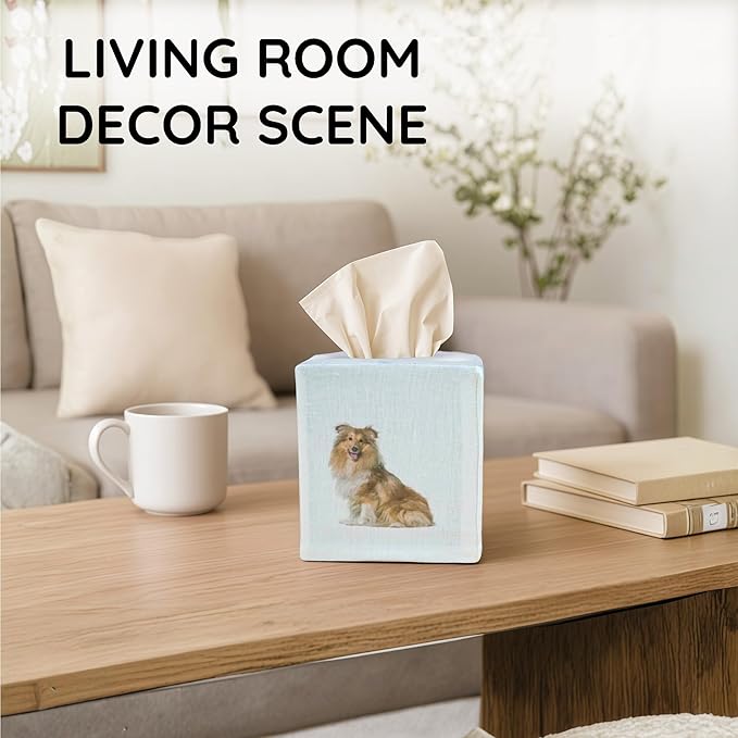 EmbroideryLinen.VN Tissue Box Cover Set of 2, Square Linen Tissue Holder, Printed Animal Pattern, 4.5x4.5x5.5 Inches, Decorative Holder for Bathroom, Living Room, Office (Dog - Ivory)
