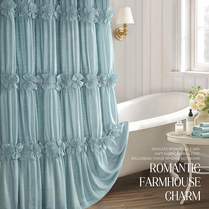 XOGUIBO Ruffle Shower Curtain with Handmade Bow Tie, Spa Blue Vintage Farmhouse Shower Curtain for Bathroom, 72" W x 72" H