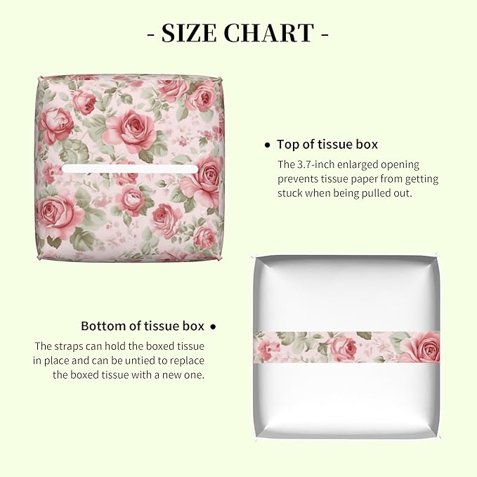 Pink Roses and Green Leaves Tissue Box Cover,Vintage Flowers Floral Waterproof Leather Square Tissue Box Cover Case Facial Paper Organizer Dispenser Box Holder for Home Office Bathroom Vanity