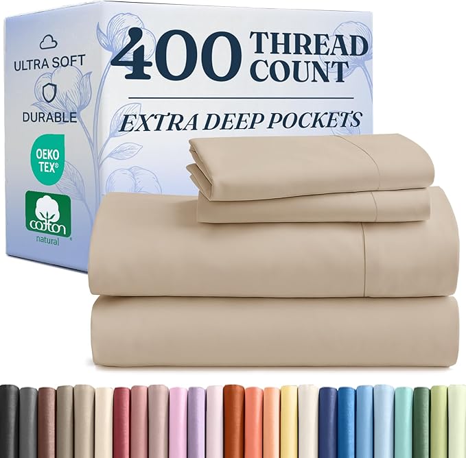 Extra Deep Pockets 400 Thread Count 100% Cotton 4 Piece Queen Size Bedding Sheet Set - Breathable & Cooling - Hotel Luxury Bed Sheets Set - Extra Soft, Wrinkle Free & Comfy Cream Bedding Sheets Set
