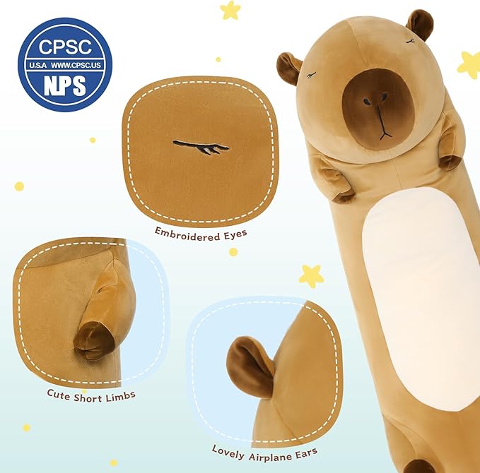 MorisMos Long Capybara Body Pillow 39.3in, Cute Capybara Stuffed Aminal Sleeping Cuddly Soft Throw Pillow Toy Gift for Kids Girlfriend