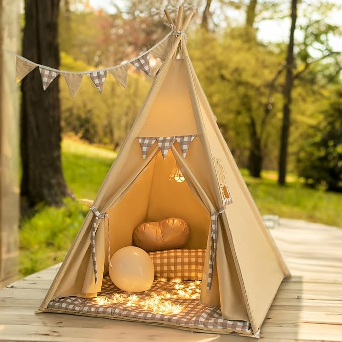 TreeBud Teepee Tent with Padded Mat Bunting Banner Fairy Lights - Print Gingham Kids Play Tent with Carry Bay for Indoor and Outdoor, Play House Toys for Toddler, Boys and Girls