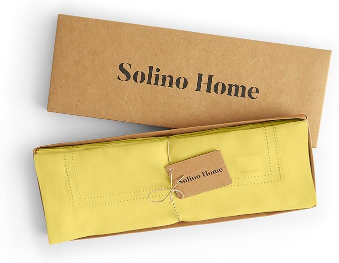 Solino Home Linen Cloth Placemats Set of 4-100% Pure Linen Double Hemstitch Sunshine Yellow Placemats 14 x 19 Inch - Handcrafted and Machine Washable Table Place Mats for Spring, Easter