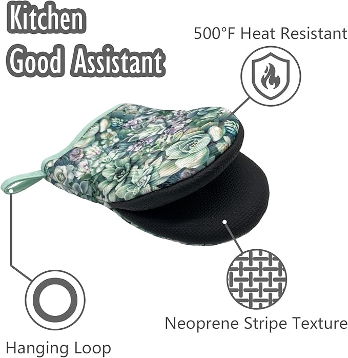 Succulents Green Teal Boho Floral Mini Silicone Oven Mitts, Heat Slip Resistant Kitchen Gloves 2-Pack Set, Soft Short Small Oven Mittens Pot Holders for Baking Grilling Barbecue Microwave Gift