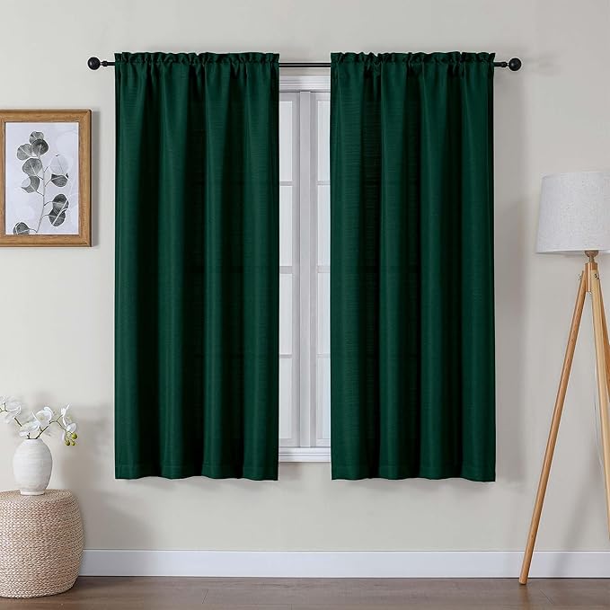 Lecloud Bessie Hunter Green Privacy Curtains 63 Inch Length 2 Pcs, Light Filteringn Airy Faux Linen Textured Curtain, Durable Rod Pocket Window Treatments for Bedroom Living Room, Each 40" W x 63" L