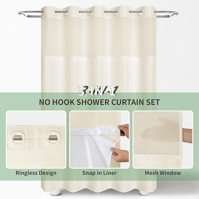 eachope Cream No Hook Shower Curtain with Snap-in Fabric Liner Set,Waffle Weave Shower Curtains for Bathroom,Hotel Luxury Decor Bathroom Curtain Set,Waterproof & Washable,71Wx74H