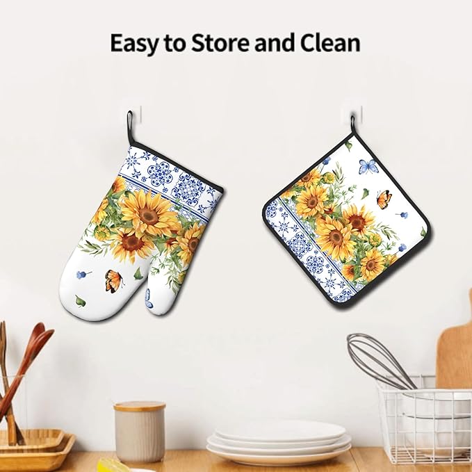 Sunflower Oven Mitts and Pot Holders Sets Yellow Floral Butterfly Oven Mitts Heat Resistant Blue Boho Farmhouse Spring Summer Decorative Oven Gloves Hot Pad for Kitchen Cooking Baking Grilling Dining