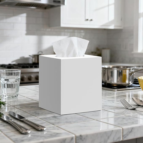 2 Pack Tissue Box Cover White, Square Acrylic Tissue Holder, Decorative Facial Tissue Box Vessel Cube Paper Organizer Dispenser for Bathroom Office, Night Stand, Desk, Car, Vanity, Countertops