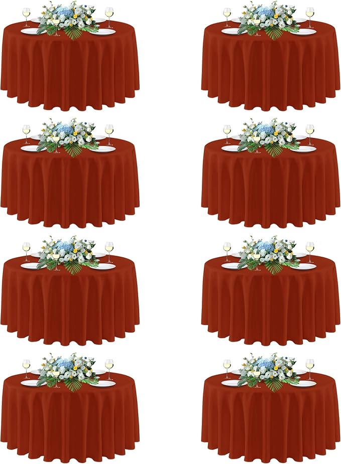 sancua Thanksgiving Round Tablecloth 90 Inch Diameter, 8 Pack Burnt Orange Circle Polyester Fabric Fall Table Cloth for Holiday Party Reception, Washable Table Cover (Fit 30-72 Inch Tables, Rust)