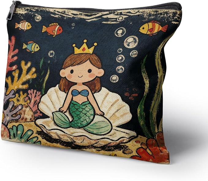 Cafl Little Mermaid Seashell Makeup Bag Travel Large Cosmetic Bag Organizer toiletry Essentials Jewelry Zipper Bag Gift For Women -10×8 inch