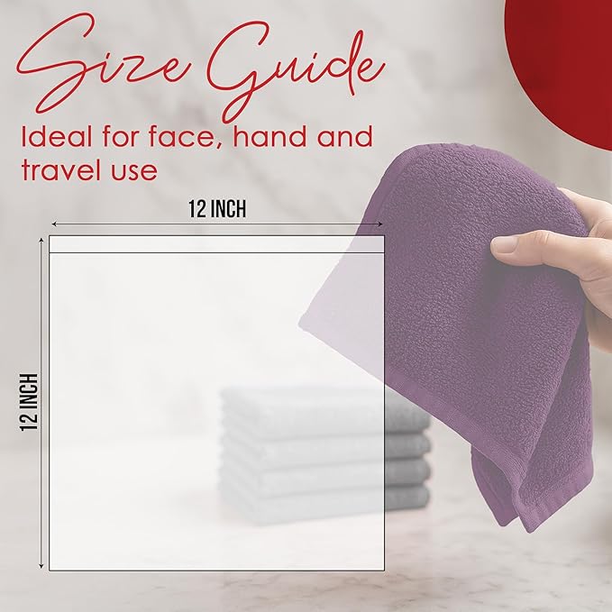 RIVERSIDE 12 Pack Washcloths - 12x12 Inches, 500 GSM, 100% Ring-Spun Cotton - Soft, Absorbent & Durable Face and Body Towels - for Bathroom, Spa, Gym, Makeup Removal & Everyday Use - Purple Passion