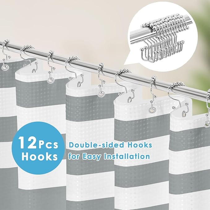 Nesphy Shower Curtain and Liner, Grey Striped 3 in 1 Shower Curtain and PEVA Liner Set with 12 Rust-Resistant Metal Hooks, Waterproof Fabric Shower Curtains for Bathroom, 72 W x 72 H