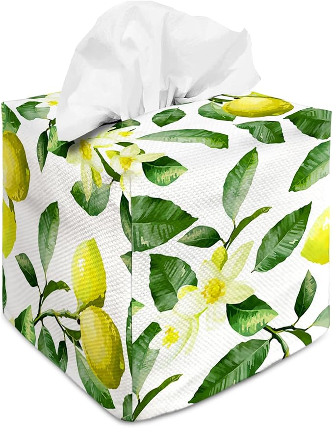 Tissue Box Cover Square Decorative Tissue Box Holder Cute Funny Cube Tissue Case Cover-Fresh Lemon Flower Tissue Box Cover
