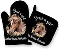 OHSUL Black Horse Oven Mitts and Pot Holders Sets, Horse Lover Gifts for Women Girls, Just a Girl Who Loves Horses Heat Resistant Oven Gloves Hot Pads for Kitchen Cooking Baking Grilling