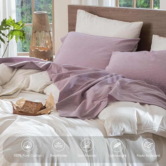 MooMee Bedding Sheet Set 100% Washed Cotton Linen Like Textured Breathable Durable Soft Comfy (Heathered Light Purple, King)