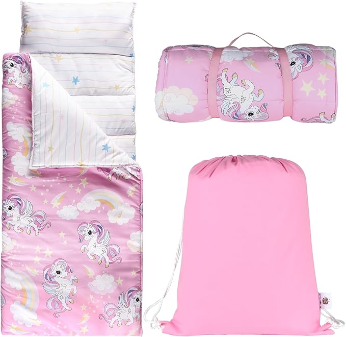 Hi Sprout Toddlers Nap Mat with Removable Pillow and Soft Blanket, Lightweight Daycare Preschool Kindergarten Sleeping Bag, Travel Slumber for Kids Girls Boys