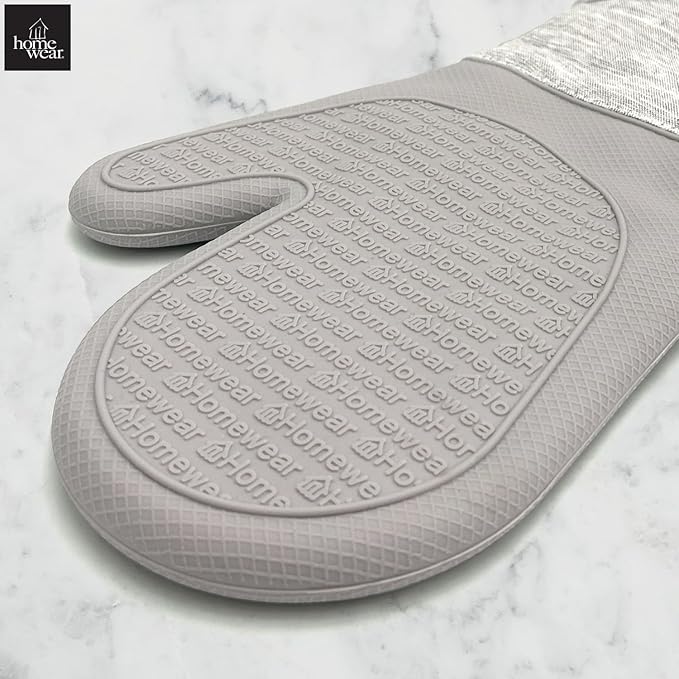 Homewear Marlow Silicone Extra Long Oven Mitt 2 Piece Set, Heat and Slip Resistant, Recycled Cotton with Soft Lining, Thick Kitchen Gloves for Cooking, Grey