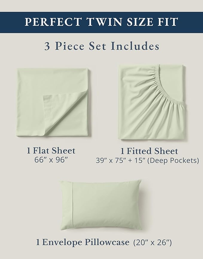 LANE LINEN 100% Organic Cotton Twin Sheets, Soft & Comfy Percale Weave Mercerized Fully Elasticized Reinforsed Seam Naturally Temperature Regulating Cotton Sheets Twin- Mineral