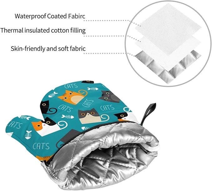 Funny Cute Cats Oven Mitts and Pot Holders 4 Pcs Set Oven Gloves and Potholders for Cooking Microwave BBQ Baking Grilling