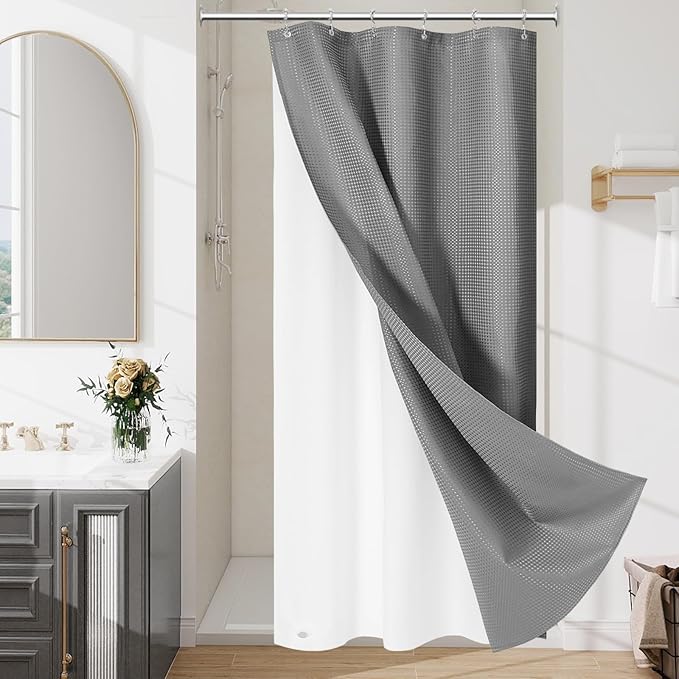 Craidlela 3 in 1 Stall Half Size Shower Curtain Set-36 W x 72 H, Grey Waffle Waterproof Fabric and PEVA Liner Set with Stainless Steel Hooks