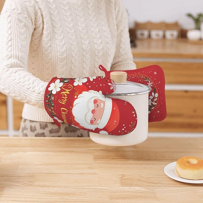 Oven Mitts and Potholders Christmas Snowman Silicone Glove Heat Resistant, Snow Birds Kitchen Gloves for Cooking, 2-Piece Set