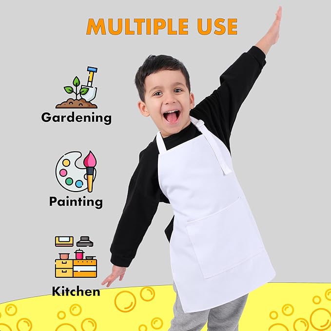 Kids Aprons for Cooking Waterdrop Resistant Aprons for Girl & Boy Toddler Apron for Painting, Gardening, Baking, Smock (White, Small (3-5 years))