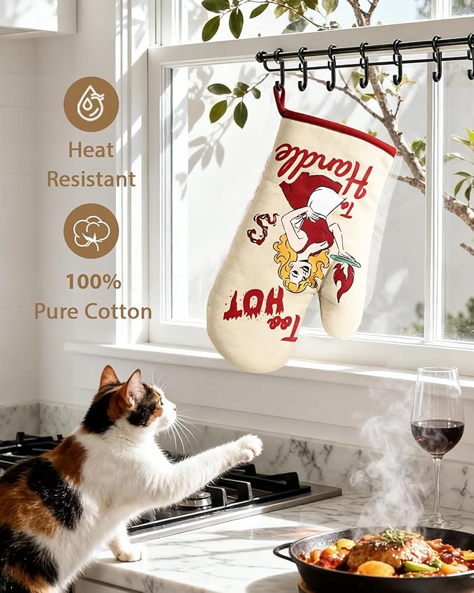 Slohif Funny Oven Mitt Heat Resistant for Women - 2 Pack Red Cooking Woman Cute Novelty Cool Kitchen Oven Mittens with 100% Cotton for Baking and Cooking Accessories