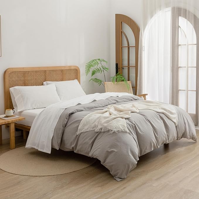 BESTOUCH Sheet Set 100% Washed Cotton Linen Feel Super Soft Comfortable Chic Lightweight 3 Pcs Home Bedding Set Solid Off White Twin