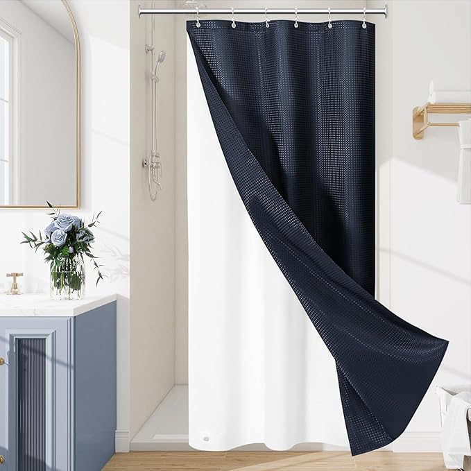 Craidlela 3 in 1 Stall Half Size Navy Blue Shower Curtain Set-36 W x 72 H, Modern Waffle Waterproof Fabric and PEVA Liner Set with Stainless Steel Hooks