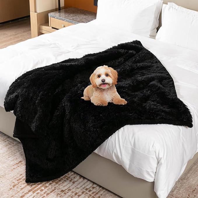 Maidewow Fluffy Long Faux Fur Throw Blankets for Couch Black Calming Pet Blanket for Small Dogs Puppy Warm Sofa Bed Winter Covers(Black,XS-28x20in)