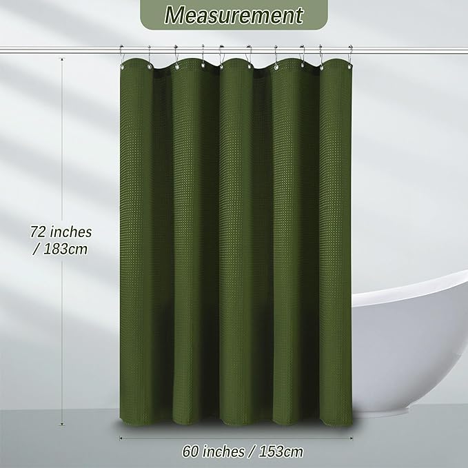 PANGSINNE 60 inch Waffle Shower Curtain - Heavy Duty Thick Fabric Green Shower Curtains for Bathroom, Weighted Hotel Spa Luxury Water Repellent Cloth Bath Curtain with 10 Hooks, 60Wx72H