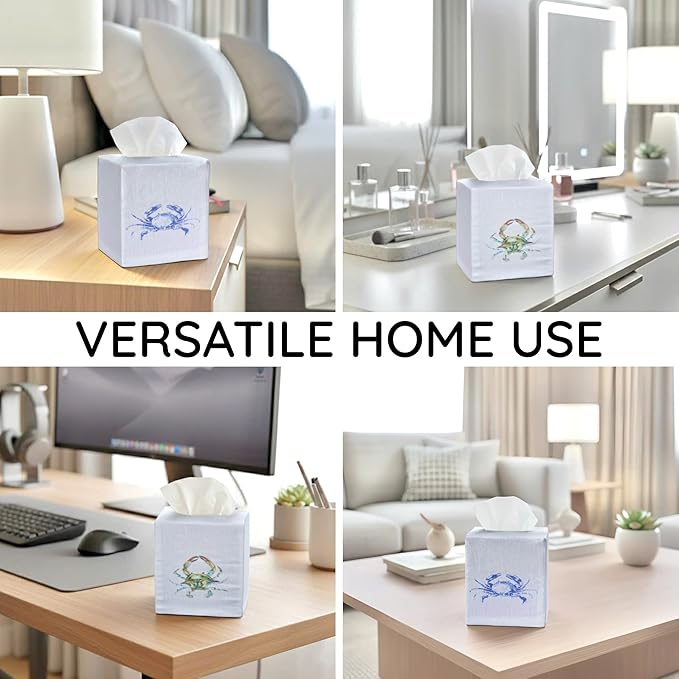 EmbroideryLinen.VN Tissue Box Cover Set of 2, Square Linen Tissue Holder, Printed Animal Pattern, 4.5x4.5x5.5 Inches, Decorative Holder for Bathroom, Living Room, Office (Blue & Green Crab)