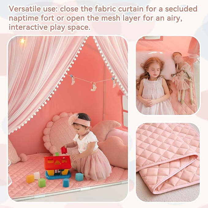 Kids Tent with Mat, Kids Play Tents Indoor, Princess Tent for Girl, Toddler Tents Playhouse for Kid, Large Play Cottage Pink, Kid Toys for Girl Birthday Gift