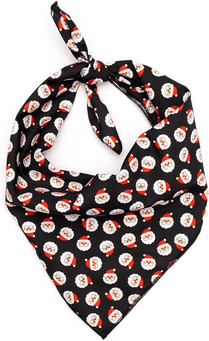 THE WORTHY DOG Classic Tie-On Dog Bandana – Soft Cotton Flannel Square Pet Bandana, Santa Pattern, Black, Small